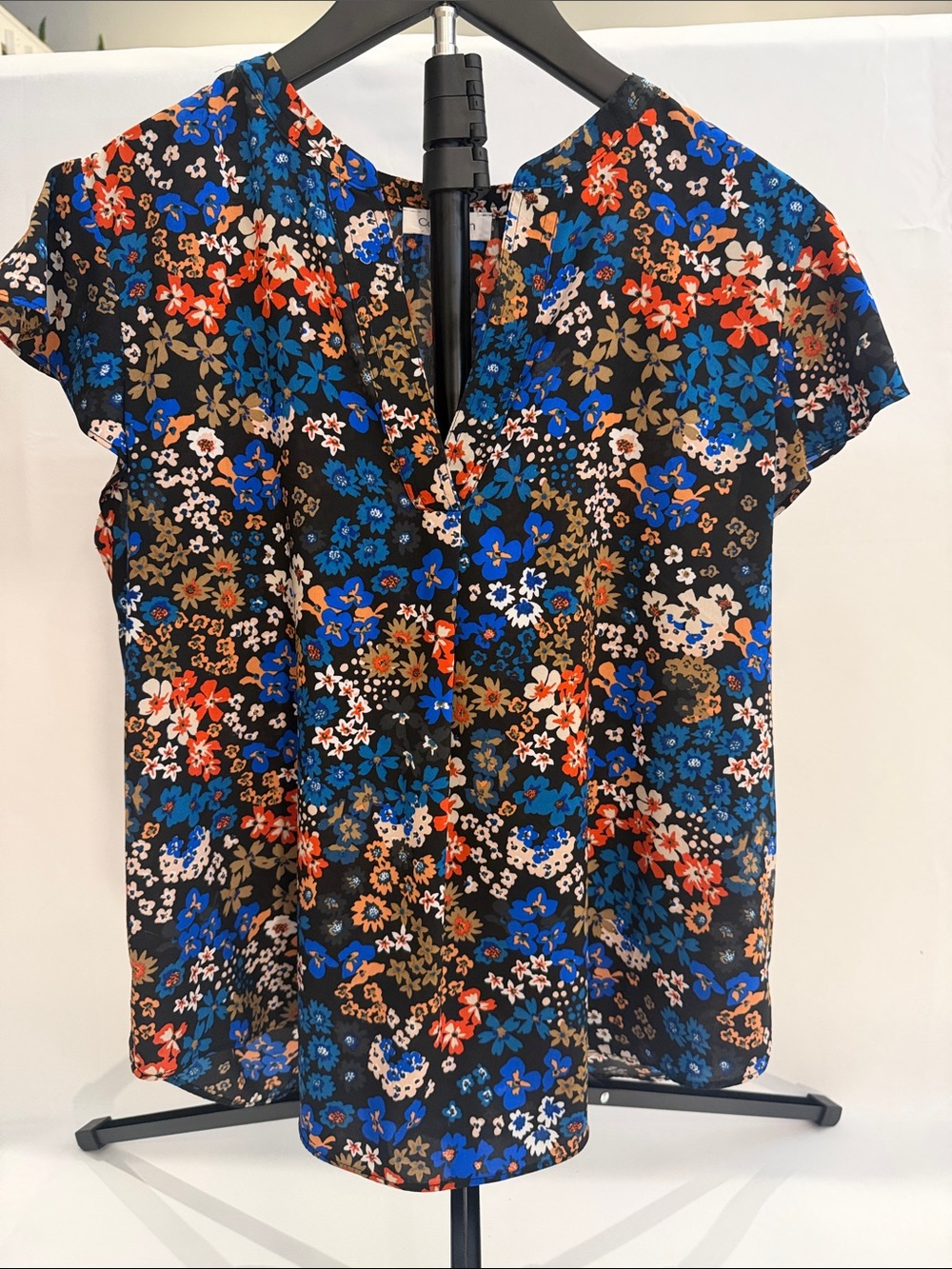 Calvin Klein Black Floral Cap-Sleeve Blouse with Blue & Coral Accents